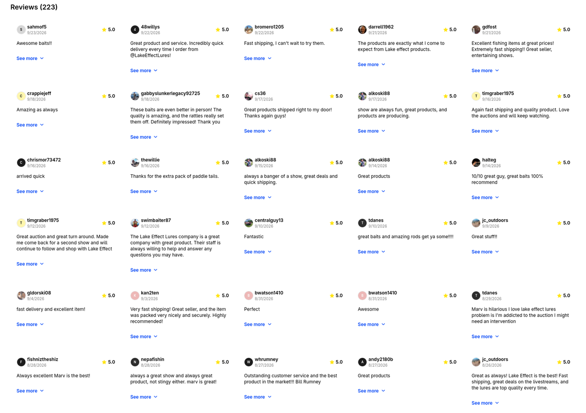 Five-star reviews for Lake Effect Lures on Whatnot