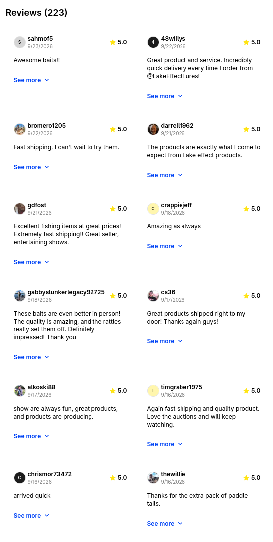 Five-star reviews for Lake Effect Lures on Whatnot