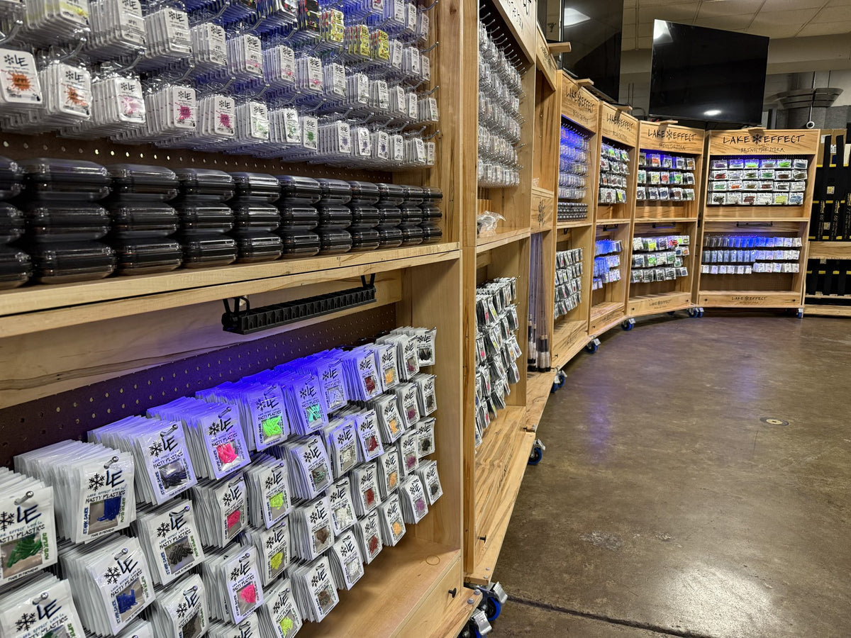 Close-up of tungsten jig displays at the booth